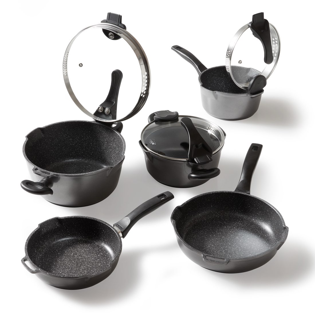 Stoneline FUTURE 8-piece cookware set with sieve glass lids